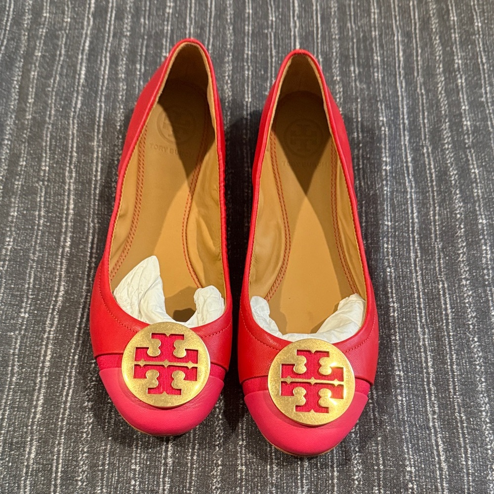 Tory Burch Red Flats with Gold Logo